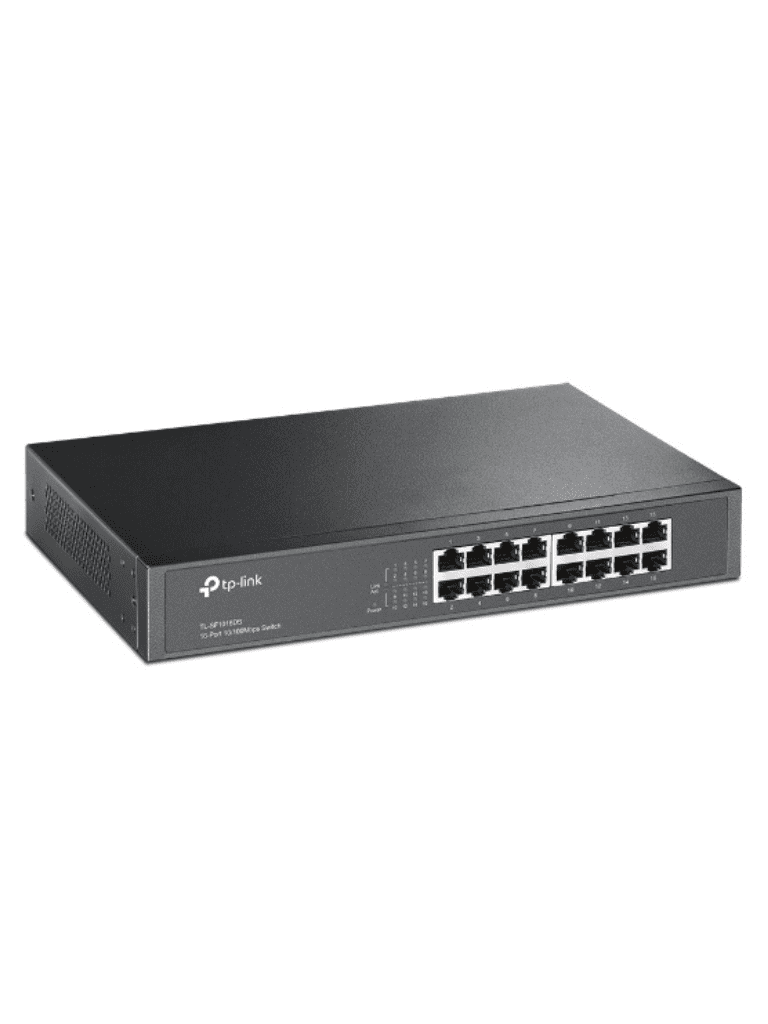 TP-LINK TL-SF1016DS - Switch no administrable con 16 puertos Fast Ethernet, diseñado para montaje en rack o en escritorio.