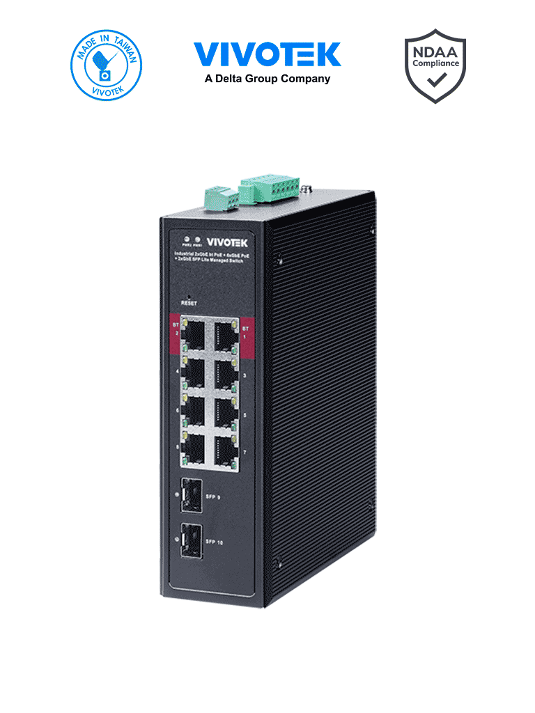 VIVOTEK AW-IHB-1040 - Switch PoE Industrial Gigabit 8 puertos Administrable, 2 ptos PoE GbE 90W, 6 ptos GbE 30W,  2 ptos GbE SFP, 300W Totales, Modo PoE Extendido hasta 250 mts, 20Gbps, VLAN, Entrada de alimentacion 48-56VDC (fuente de poder no incluida)