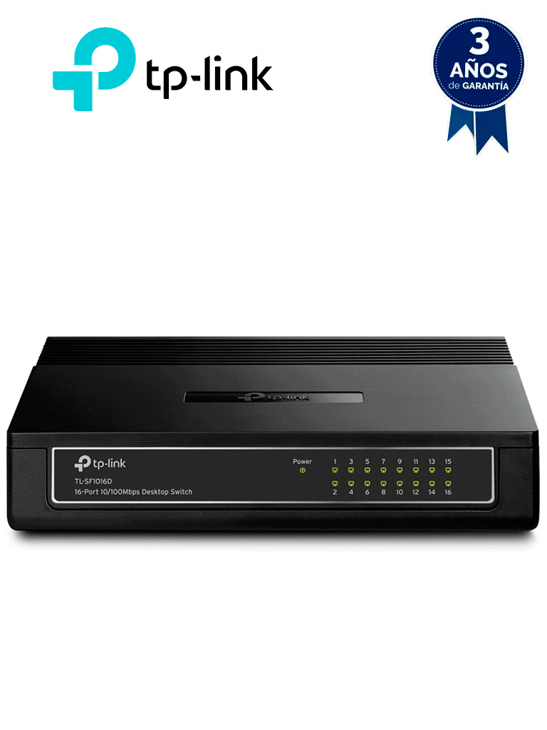 TP-LINK TL-SF1016D - Switch de escritorio con 16 puertos RJ45 Fast Ethernet, diseño en plástico y configuración Plug and Play. — TP-Link · SKU TPL3700020