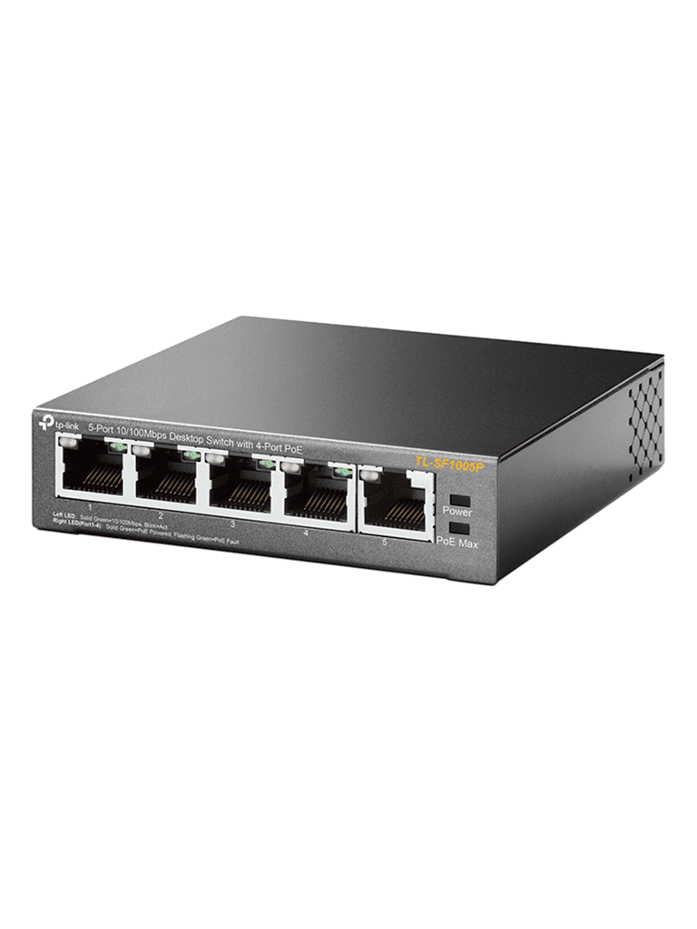 TP-LINK TL-SF1005P - Switch PoE no administrable con 5 puertos Fast Ethernet, incluyendo 4 puertos PoE AF. Suministro PoE hasta 67W y modo extendido para conexiones de hasta 250m.