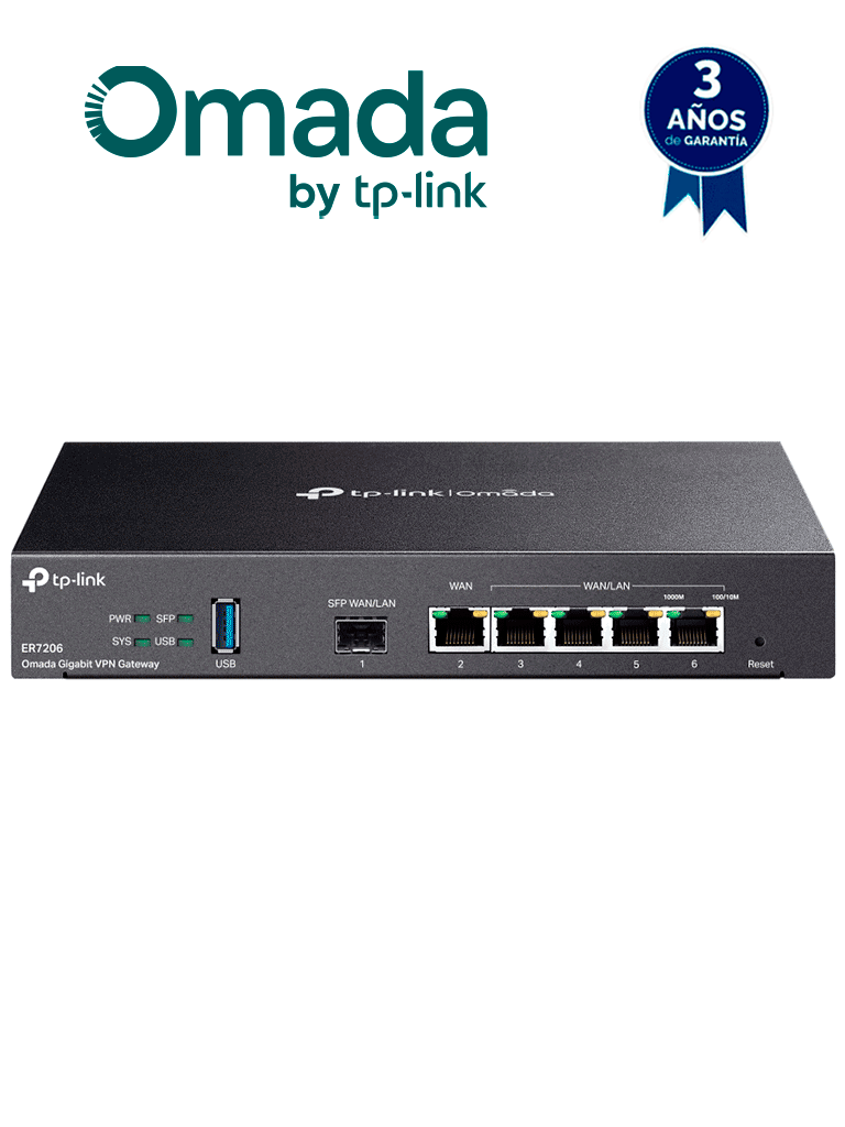 TP-LINK ER7206- Router Omada VPN SDN Multi-WAN Gigabit con 1 puerto WAN SFP y 1 puerto WAN RJ45 Gigabit, 4 puertos GbE configurables LAN/WAN. Hasta 150,000 sesiones concurrentes y administración centralizada Omada. — TP-Link · SKU TPL3660021