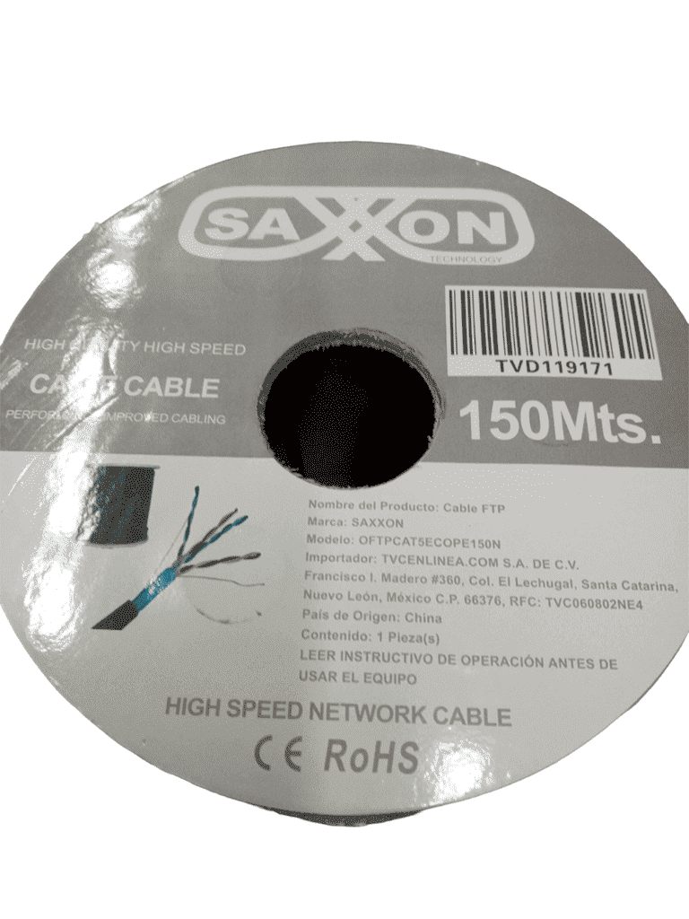SAXXON OFTPCAT5ECOPE150N - Bobina de Cable FTP Cat5e 100% Cobre/ 150 Metros/ Blindado/ Color Negro/ Uso Exterior/ Ideal para Cableado de Redes de Datos y Video/ Cert ISO9001/ UL / RoSH/