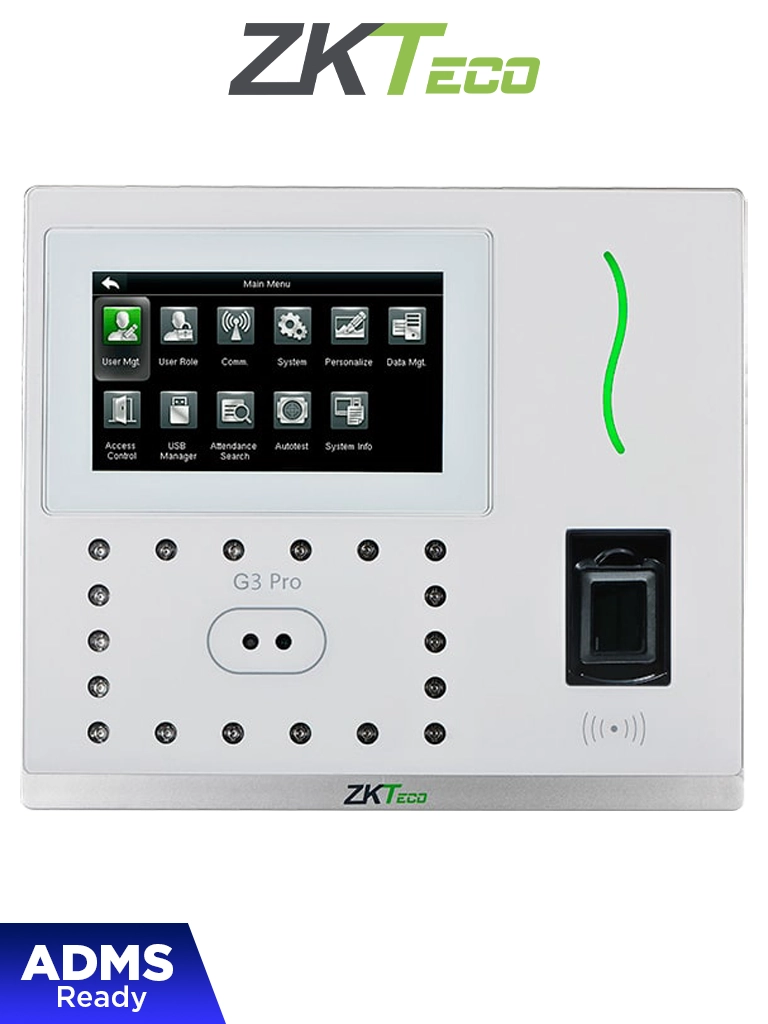 ZKTECO G3PRO -Control de Asistencia y Acceso con Autenticación Facial (12000 Rostros), Huella Digital BioID+ (20000), Tarjeta ID 125 KHz (20000), Verificación Palma (6000), Registro de 200,000 Eventos, Green Label y TCP/IP — ZKTeco · SKU ZKT0810009