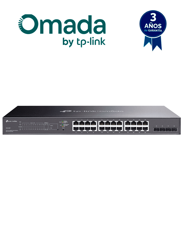 TP-LINK TL-SG2428P - Switch JetStream PoE administrable con 24 puertos 10/100/1000 Mbps y 4 puertos SFP. Incluye 24 puertos PoE con una capacidad total de 250W, y es compatible con administración centralizada OMADA SDN. — TP-Link · SKU TPL3720017