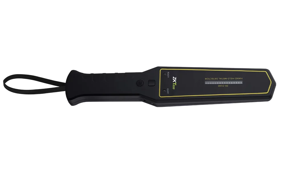 ZKTECO D180 - Detector de metales portátil con alta sensibilidad, indicador visual, alarmas sonora y vibración. Su batería recargable de 9VDC proporciona hasta 40 horas de uso continuo, ideal para aplicaciones de seguridad eficientes y prolongadas.