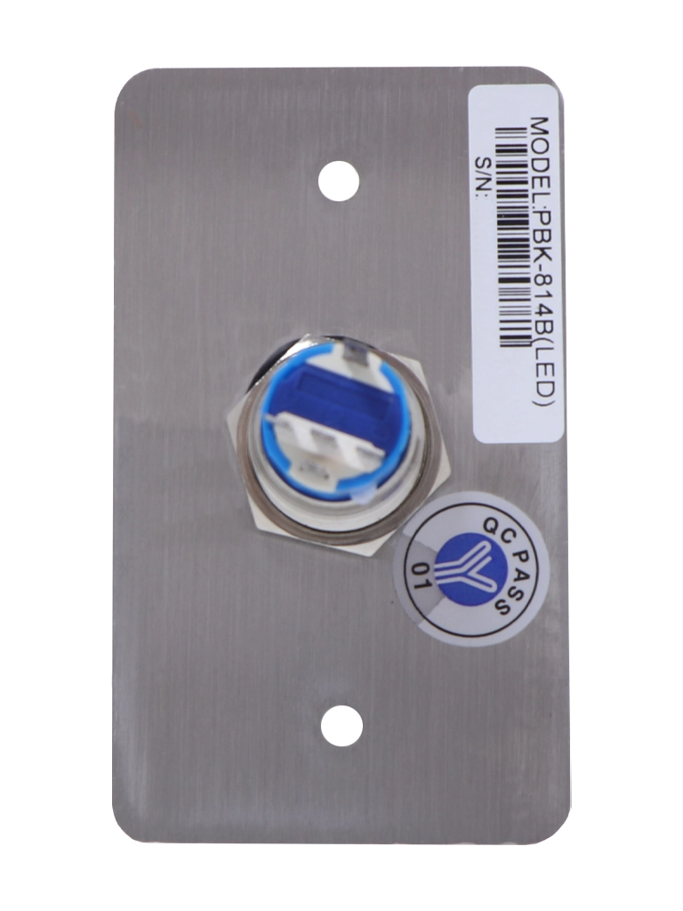 YLI PBK814BLED - Botón de Salida Mecánico, Indicador LED (Azul), Acero Inoxidable, 12 VCC, Función NC/NO