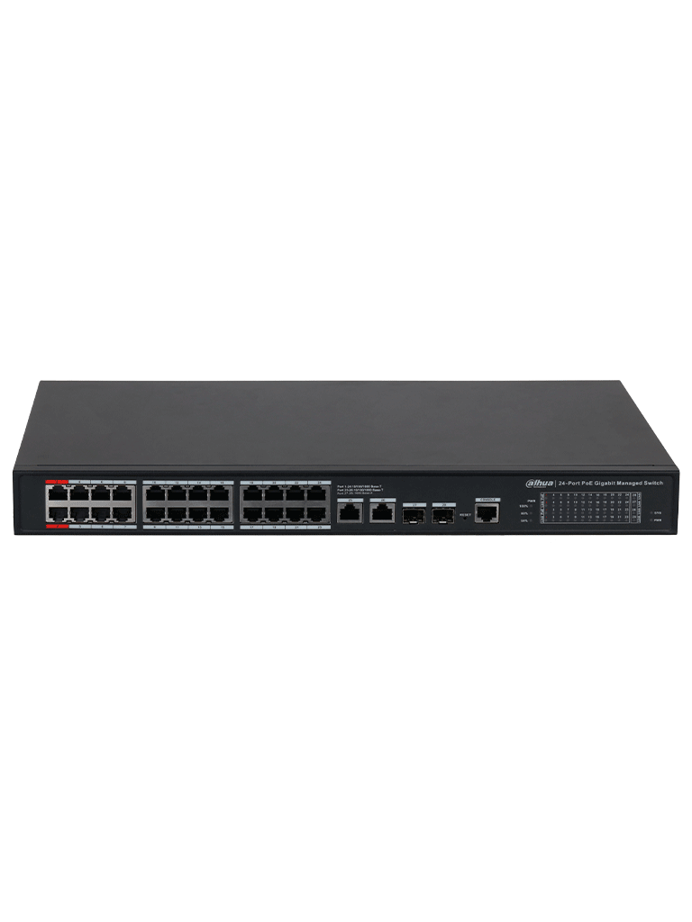 DAHUA DH-S4228-24GT-240 Switch PoE Gigabit Administrable con 24 puertos PoE, ideal para transmisión de larga distancia (hasta 250 m), perfecto para redes de Capa 2