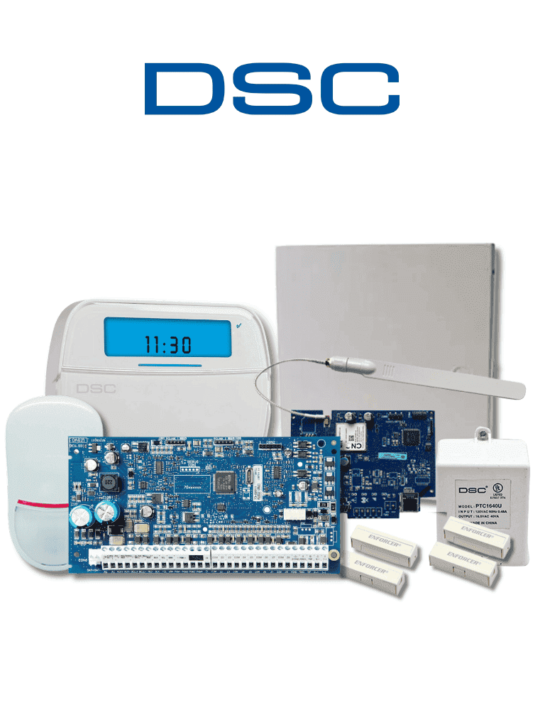 DSC NEO-ICON-IPLTE-SB - Paquete SERIE NEO con panel HS2032 de 8 zonas cableadas expandible a 32/Teclado de Iconos HS2ICN /Sensor PIR LC200 Cableado/2 contactos blancos cableados/Transformador/Gabinete GTVCMX003/Comunicador Dual TL280LE/Sin Batería · SKU DSC2480081