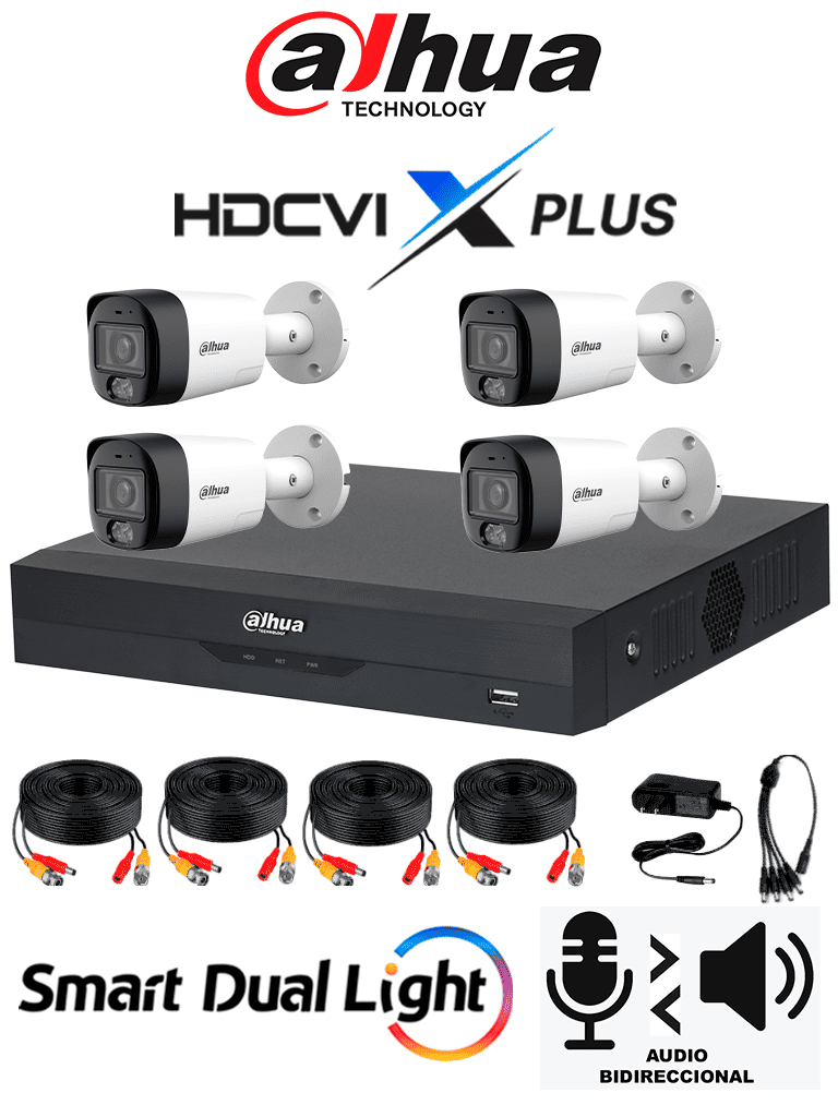 DAHUA DH-KIT/XVR5104HS-4KL-I3/T/4-HFW1500RMN-IL-T-  Kit de Vigilancia de 4 canales 5 MP/ Iluminador Dual y Audio Bidireccional Integrados/y DVR WizSense y Reconocimiento Facial/ Soporta 4 canales + 4 IP o hasta 8 IP/ 4 canales SMD Plus