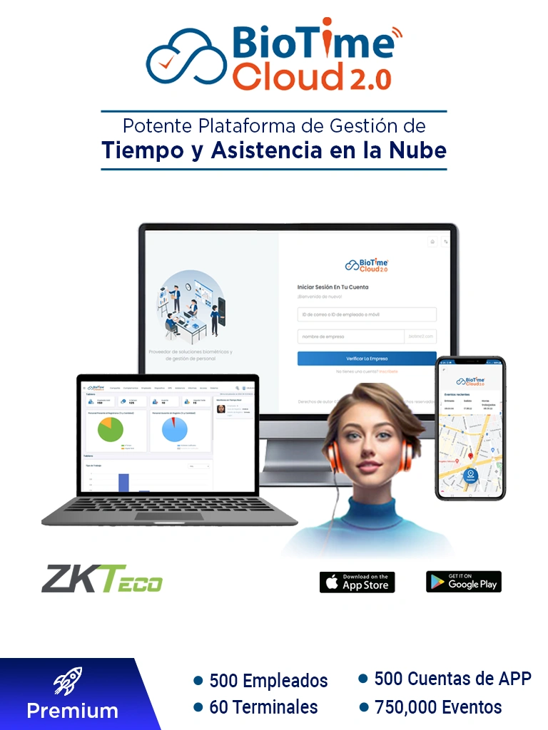 ZKTECO BIOTIMECLOUDPREMIUM - Licencia de Asistencia en la Nube para 500 Empleados, 60 Terminales, 750,000 Eventos y 500 Cuentas de App, Suscripción por un Año