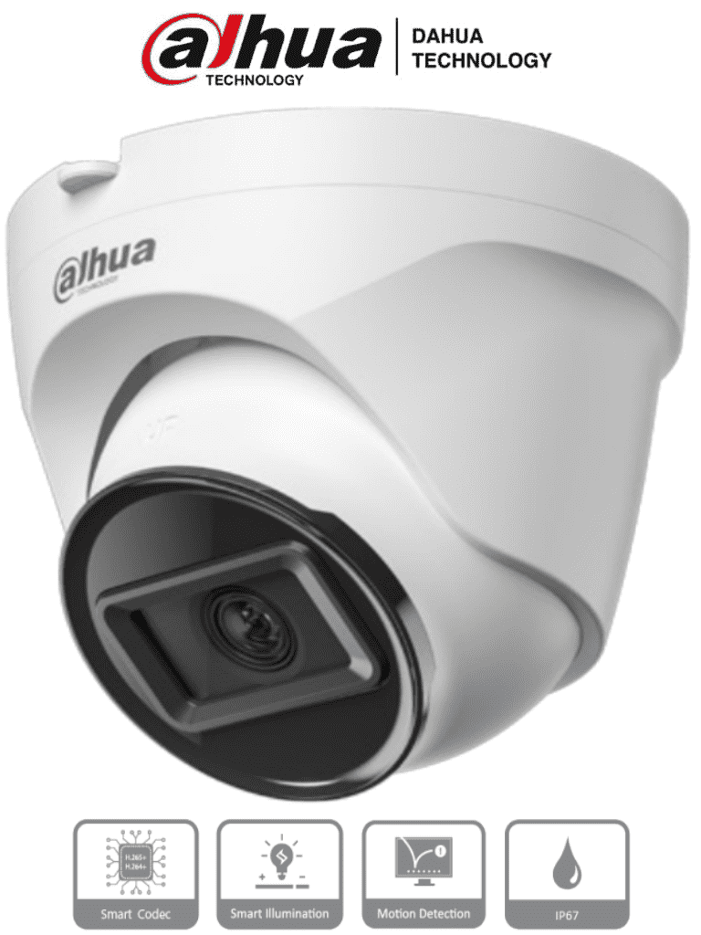 DAHUA IPC-T1E20 -Camara IP Domo de 2 MP, lente de 2.8 mm y 99° de visión. Alcance IR de 30 m, protección IP67 y alimentación PoE. Funciones avanzadas: DWDR, 3D NR, HLC, BLC y compresión H.265+ Ideal para videovigilancia confiable — Dahua Technology · SKU DHT0040122