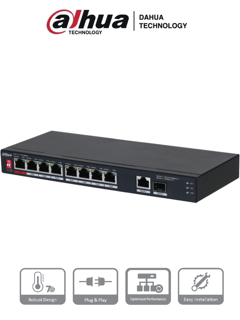 DAHUA PFS3110-8ET1GT1GF-96 -Switch PoE de 10 Puertos/8 Puertos Poe 10/100/1Puerto SFP de1000 Mbps/1 Puerto Uplink de 10/100/1000/ 96 Watts Totales/ Alimentación hasta 250 Mts/Soporta PoE Whatchdog/Puerto Rojo soporta IEEE 802.3bt/ — Dahua Technology · SKU DHT3720012
