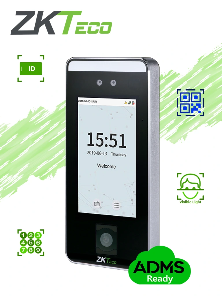 ZKTECO SPEEDFACEV5LQR - Control de Acceso Facial / 6000 Rostros / 10,000 Tarjetas ID 125 Khz / QR / Contraseñas / 200,000 Registros / Reconocimiento en 0.35 s / Algoritmo Anti-spoofing / TCP/IP / WIEGAND / RS-485 / — ZKTeco · SKU ZKT0810074