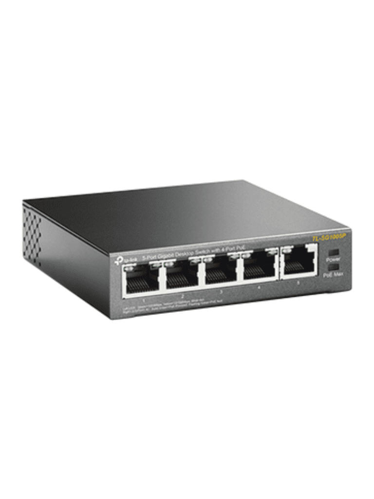 TP-LINK TL-SG1005P - Switch Escritorio No Administrable de 5 puertos 10/100/1000 Mbps, con 4 puertos PoE 802.3af/at de hasta 65 W y PoE Extendido hasta 250 metros.
