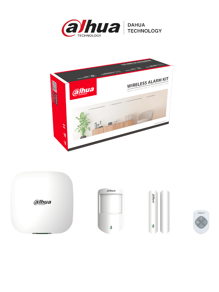 DAHUA DHI-ART-ARC3000H-03-W2 - Kit de alarma inalámbrico, Conexión: Wifi y ethernet, Incluye: HUB 1.0, sensor de movimiento PIR, contacto magnético y control remoto, App DMSS, Frecuencia 433 MHz, Tecnología: AirShield — Dahua Technology · SKU DHT2480003