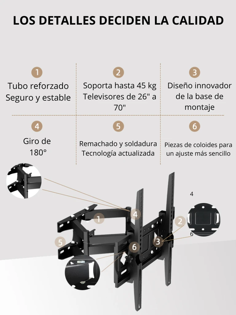 TCE LMEPB64EW - Soporte de Pared Articulado para Pantallas de 26 a 70" , Carga Máxima 45 Kg , VESA 400X400mm, Angulo de Inclinación 15°, Giro 90°