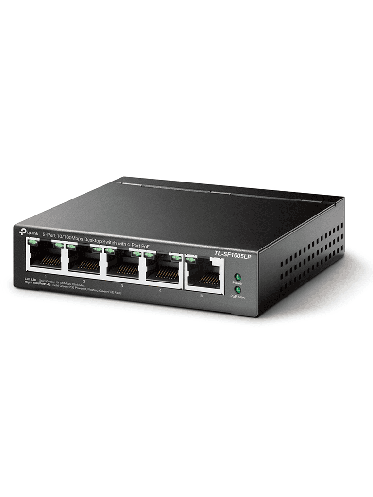 TP-LINK TL-SF1005LP -  Switch PoE no administrable con 5 puertos Fast Ethernet, incluyendo 4 puertos PoE AF. Presupuesto PoE de hasta 41W y modo extendido para conexiones de hasta 250m.
