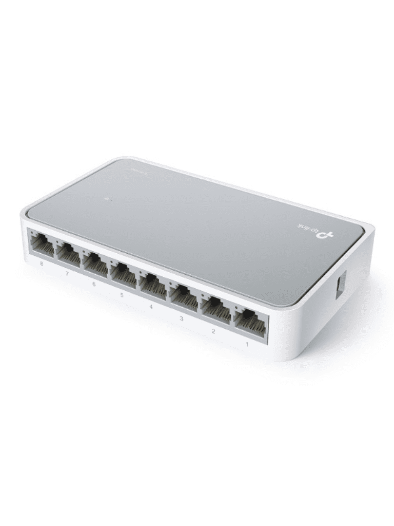 TP-LINK TL-SF1008D - Switch de escritorio con 8 puertos RJ45 Fast Ethernet, diseño de plástico y configuración plug and play.