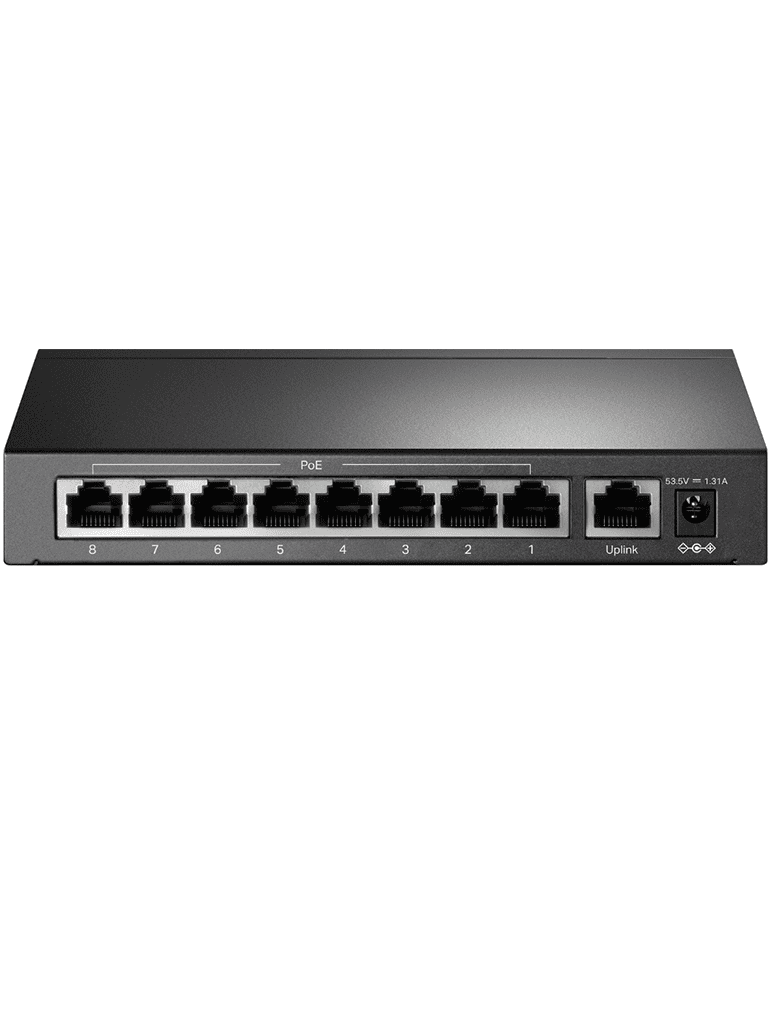 TP-LINK TL-SF1009P - Switch PoE no administrable con 9 puertos Fast Ethernet, incluidos 8 puertos PoE AF y AT. Ofrece un presupuesto PoE de hasta 65W y soporta modo extendido para conexiones de hasta 250 metros.