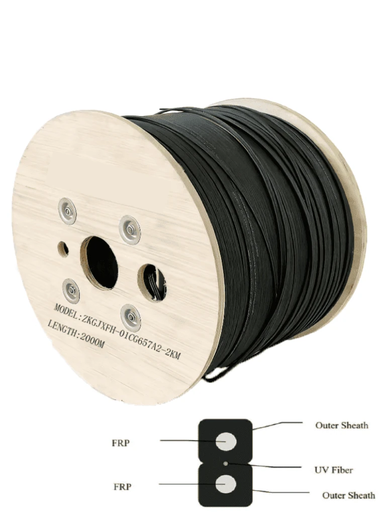 TCE - Fibra Óptica Drop G.657A2 / Monomodo / 1 Hilo / LSZH / Interior - Exterior / Kevlar / FRP / Ideal para CCTV y Redes / Carrete de 2 KM