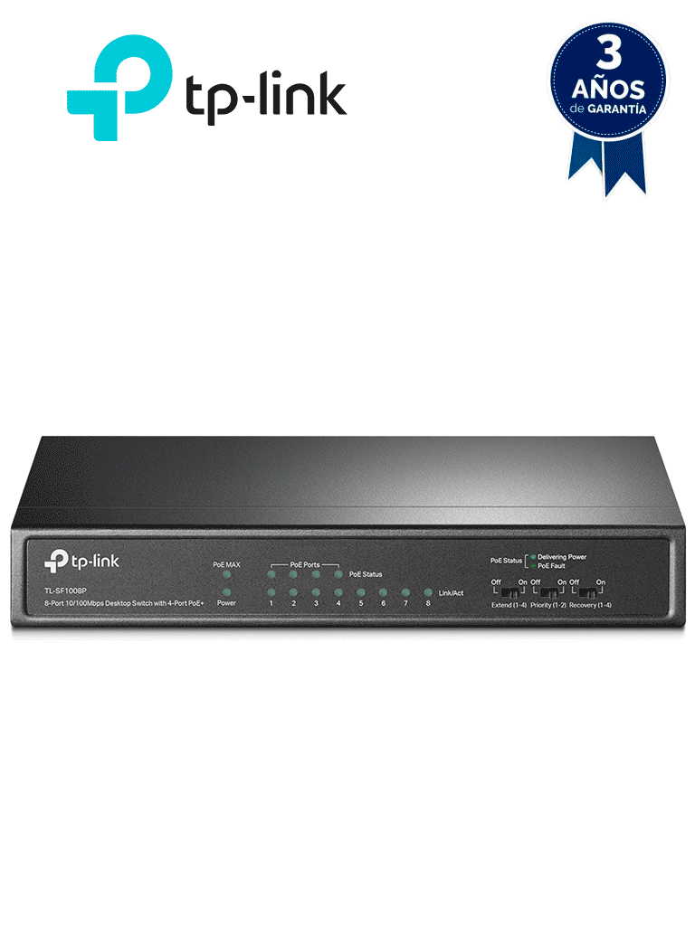 TP-LINK TL-SF1008P -Switch PoE no administrable con 8 puertos Fast Ethernet, que incluye 4 puertos PoE AF y AT. Ofrece un presupuesto PoE de hasta 66W y soporta modo extendido para conexiones de hasta 250m de longitud. — TP-Link · SKU TPL3720008