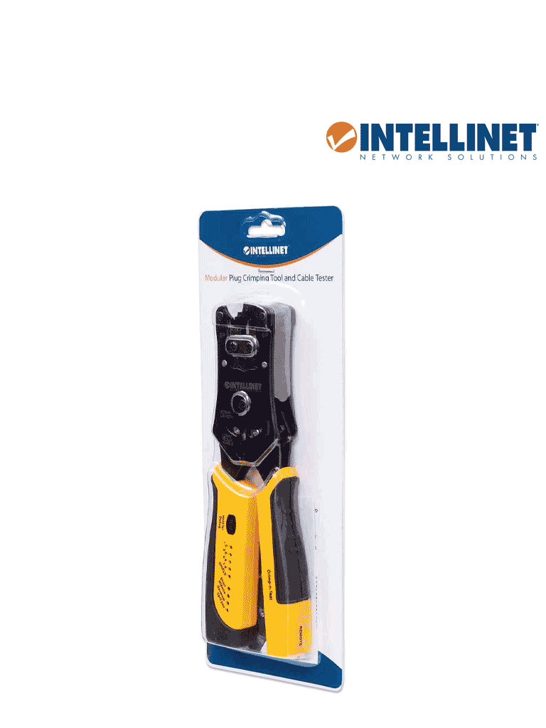 INTELLINET 780124 - Pinza crimpeadora universal de plugs modulares y probador de cables 2-en-1: crimpea, corta, pela, remata y prueba.