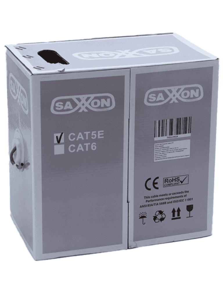 SAXXON OUTP5ECCA100G- Bobina de Cable UTP Cat5e/ 100 Metros/ CCA/ Color Gris/ Uso Interior/ Cert ISO9001/ UL 444/ RoSH/ ANSI/ TIA/ EI-568B