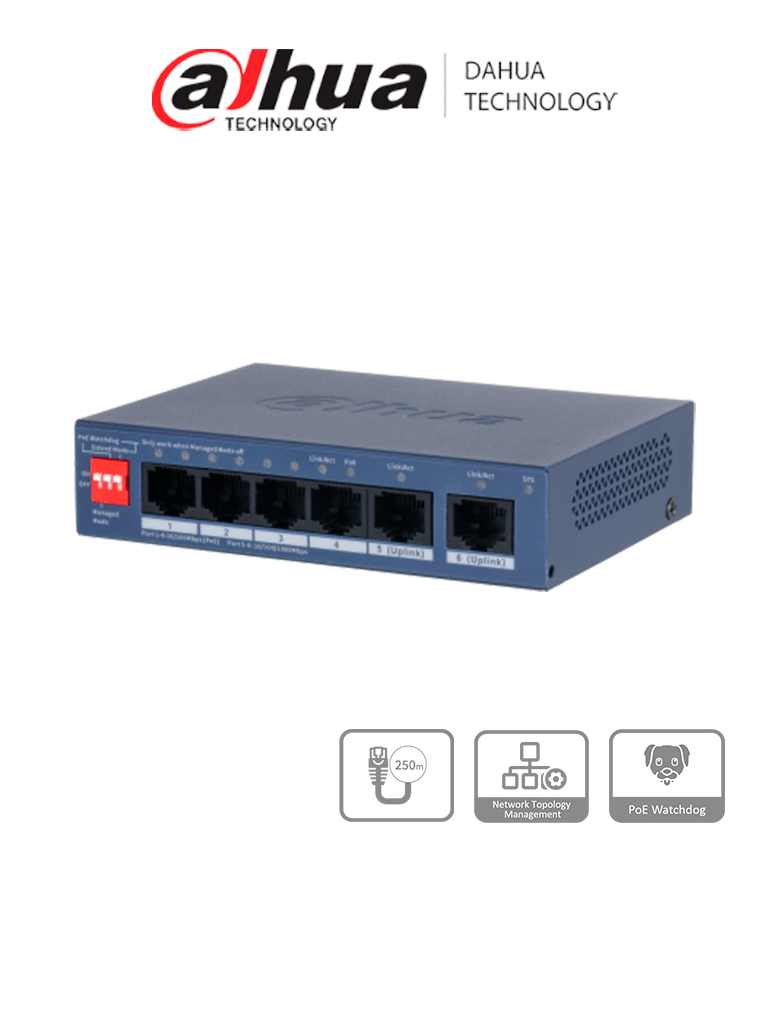 DAHUA DH-CS4006-4ET2GT-36 - Switch PoE de 6 Puertos Fast Ethernet/4 Puertos PoE 10/100/1000 / 2 Puertos uplink 10/100/ 36 Watts Totales/ Switching 1.2 Gbps/ Tasa de Reenvio de Paquetes .89 Mbps/ con Protección de Descargas/