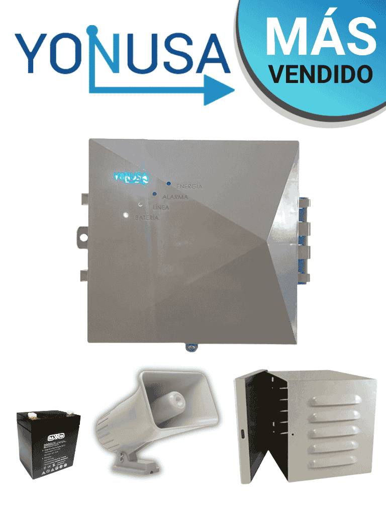 YONUSA EYNG12001BAT - Energizador de nueva generación de12,000 V con hasta 2,500 metros lineales, compatible con modulo Wifi, incluye Sirena de 30W con gabinete metálico y batería de respaldo de 12VDC a 4.5 Ah