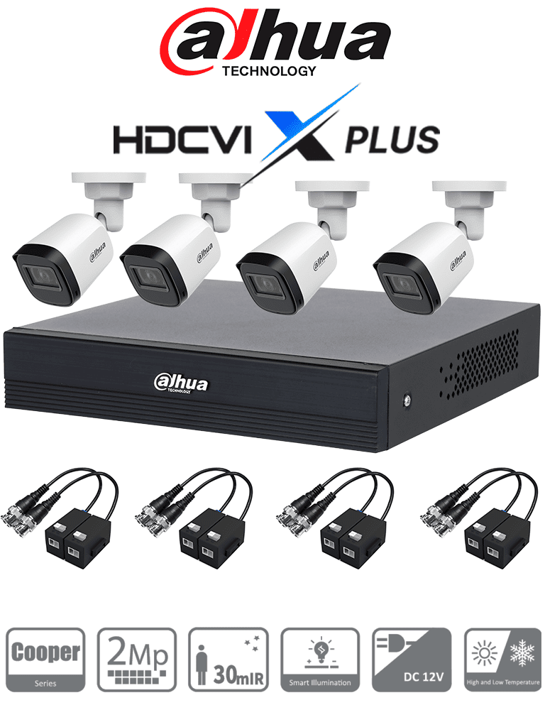 DAHUA KIT/XVR1B04-I/T/4-B1A21-U - Kit 4 Canales con Transceptores/ 4 Cámaras B1A21N-U de 2 MP Lente 2.8mm, 93 Grados,  1 XVR1B04-I/T Soporta Audio Bidireccional, Soporta 4 Canales más 1 IP o 5 Canales IP, SMD Plus, 4 Pares de Transceptores/