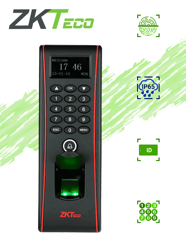 ZKTECO TF1700 - Control de Acceso Exterior de Huella, Tarjeta y Contraseña / Soporta 3000 Huellas / 10000 Tarjetas RFID 125 khz / Almacena 30000 Registros / Conexión TCPIP / USB / Compatible con Software ZK Access 3.5 — ZKTeco · SKU 74095