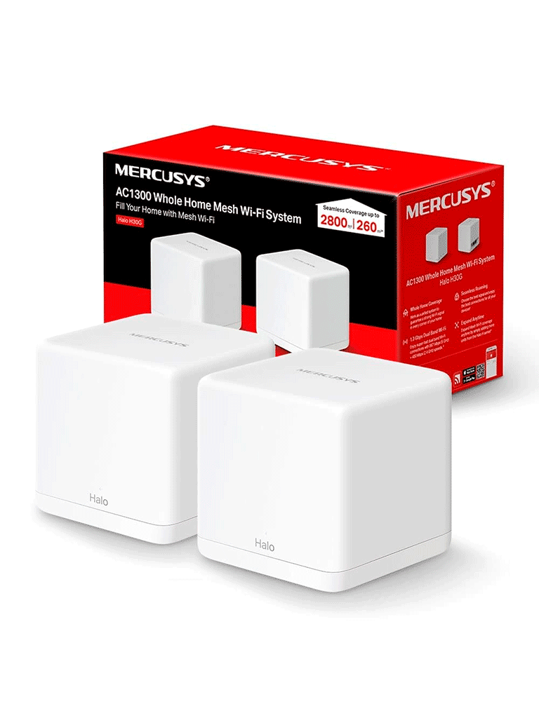 MERCUSYS Halo H30G(2-pack) - KIT de Sistema Inalámbrico H30G Mesh con doble banda 2.4GHz y 5GHz AC 1300Mbps, dos puertos 10/100/1000 Mbps, control vía aplicación y roaming continuo.
