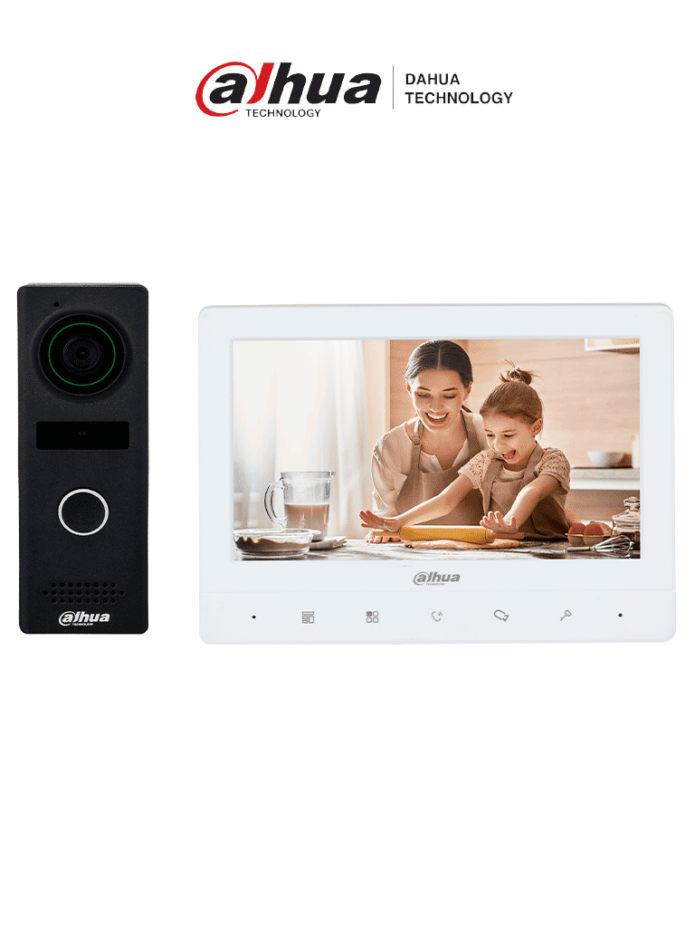 DAHUA KTA02M - Kit de videoportero analógico con frente de calle metálico y cámara de 1.3 MP, DWDR e IR automático. Incluye monitor TFT de 7", entrada y salida de audio, y soporte para botón de salida. Ideal para seguridad y comodidad
