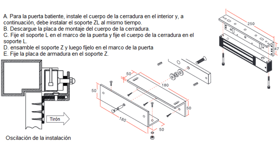 YLI MBK280ZLW - Sopote en ZL para instalacion de cerradura magnetica YM280WS para uso en exteriores