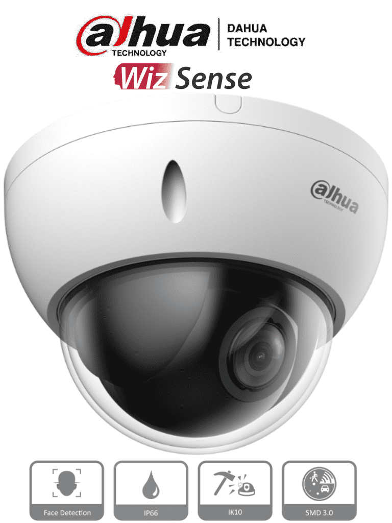 DAHUA SD22204DB-GNY - Cámara IP PTZ de 2 MP / WizSense/ 4x de Zoom óptico/ Starlight / Detección facial/ SMD 3.0/ Antivandálica IK10/ Exterior IP66/ Protección perimetral / Ranura para MicroSD/ PoE/ — Dahua Technology · SKU DHT0060061