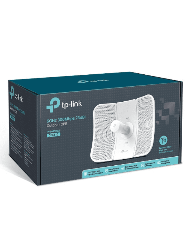 TP-LINK CPE610 - CPE para exteriores de 5 GHz con 300 Mbps, 23 dBi y hasta 300 Mbps en 5 GHz. Antena MIMO direccional 2×2 de alta ganancia con Tecnología  Pharos MAXtream TDMA, Pharos Control para adminsitración centralizada.