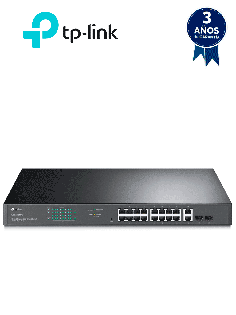 TP-LINK TL-SG1218MPE - Switch JetStream con 16 puertos 10/100/1000Mbps y soporte PoE af/at, además de 2 puertos SFP con una capacidad total de hasta 192W. — TP-Link · SKU TPL3720013
