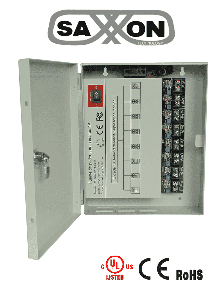 SAXXON PSU1213D8H- Fuente de Poder Profesional de 11 a 15 vcd/ 13 Amperes/ Para 8 Camaras Hasta 4k/ 1.6 Amperes por Canal/  Protección contra Sobrecargas/ Filtro de Ruido por Canal/ Uso rudo/