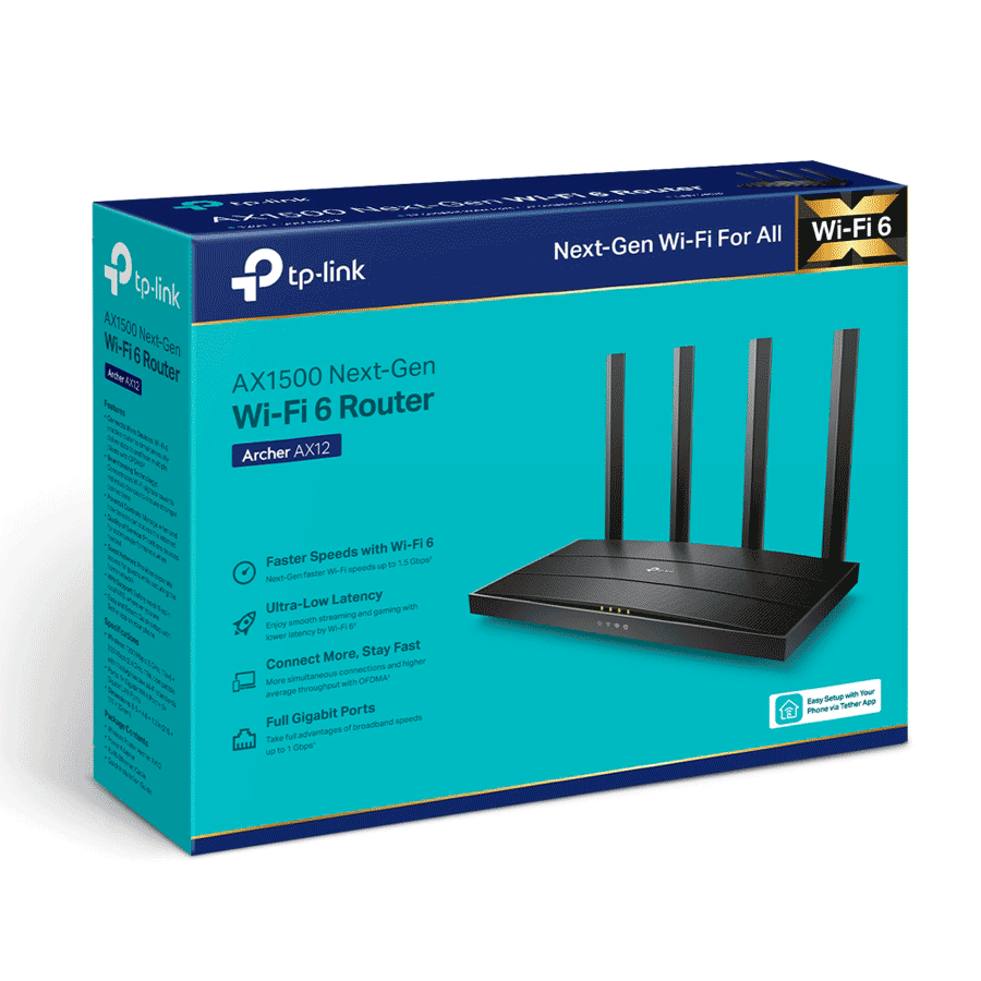 TP-LINK Archer AX12 - Ruteador WiFi 6 AX 1500Mbps con 1 puerto WAN RJ45 Gigabit Ethernet, 3 puertos LAN RJ45 Gigabit Ethernet, tecnologías MU-MIMO y OFDMA, además 4 antenas con Beamforming.