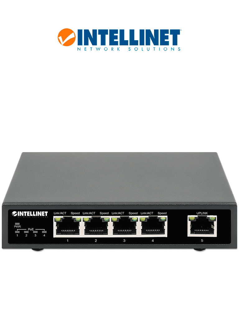INTELLINET 561839 - Switch PoE+ de 5 puertos Gigabit, 4 puertos PoE IEEE 802.3at/af (PoE+/PoE), con 62W de presupuesto de energía, para escritorio