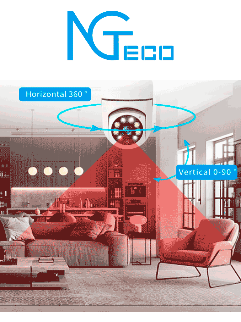 NGTECO NGSH01C2IN - Cámara Inteligente WiFi / 3MP / Visión PTZ 355° / Lente HD 4mm / Visión Nocturna IR + Luz Blanca / Audio 2 Vias / Almacenamiento Local y en la Nube / Onvif / Compatible con Alexa y Asistente de Google