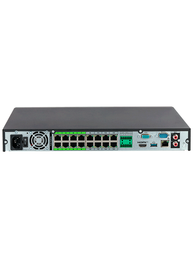 DAHUA DHI-NVR5216-16P-EI2  NVR IP WizSense de 16 canales 1U/ 16PoE/ 2HDD/ H.265+/384 Mbps/ AcuPick / N+M cluster/   IA por grabador: FD y FR /Protección perimetral/ SMD Plus/ HDMI 8K/