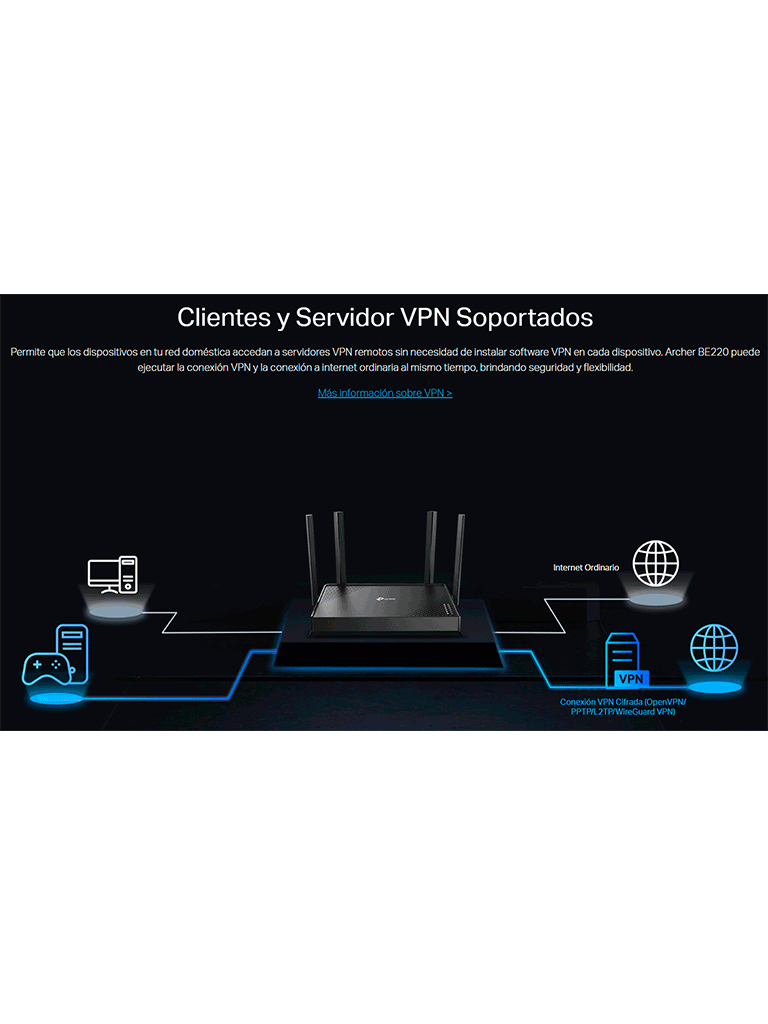 TP-LINK Archer BE220 - Router WiFi 7 de Doble Banda a 3.6 Gbps/ Puertos 1× Puerto WAN de 1 Gbps + 4× puertos LAN de 1 Gbps/ 4× Antenas Externas con Beamforming/ Compatible con EasyMesh