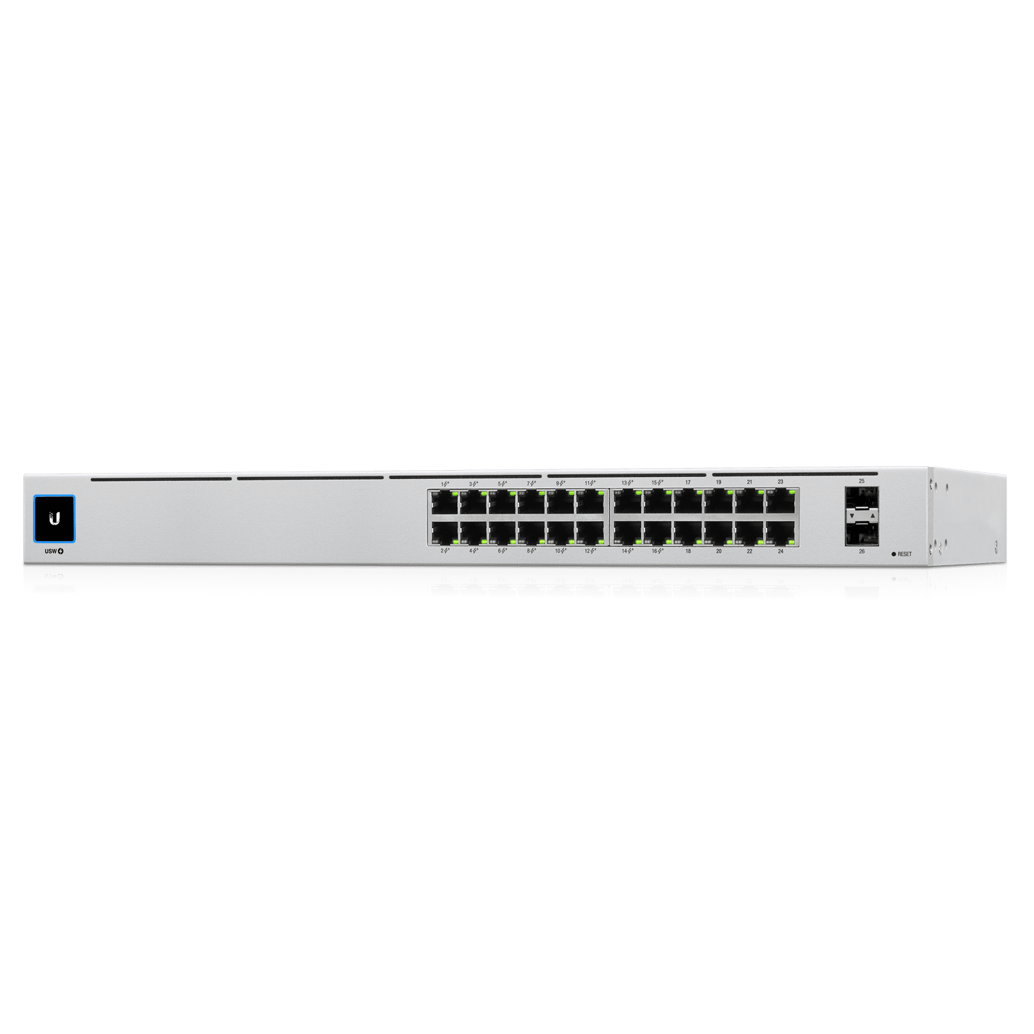 UBIQUITI USW-24-POE UniFi Switch Gen2, Capa 2 de 24 puertos (16 PoE 802.3af/at + 8 Gigabit) + 2 puertos 1G SFP, con 95W de potencia y pantalla informativa.