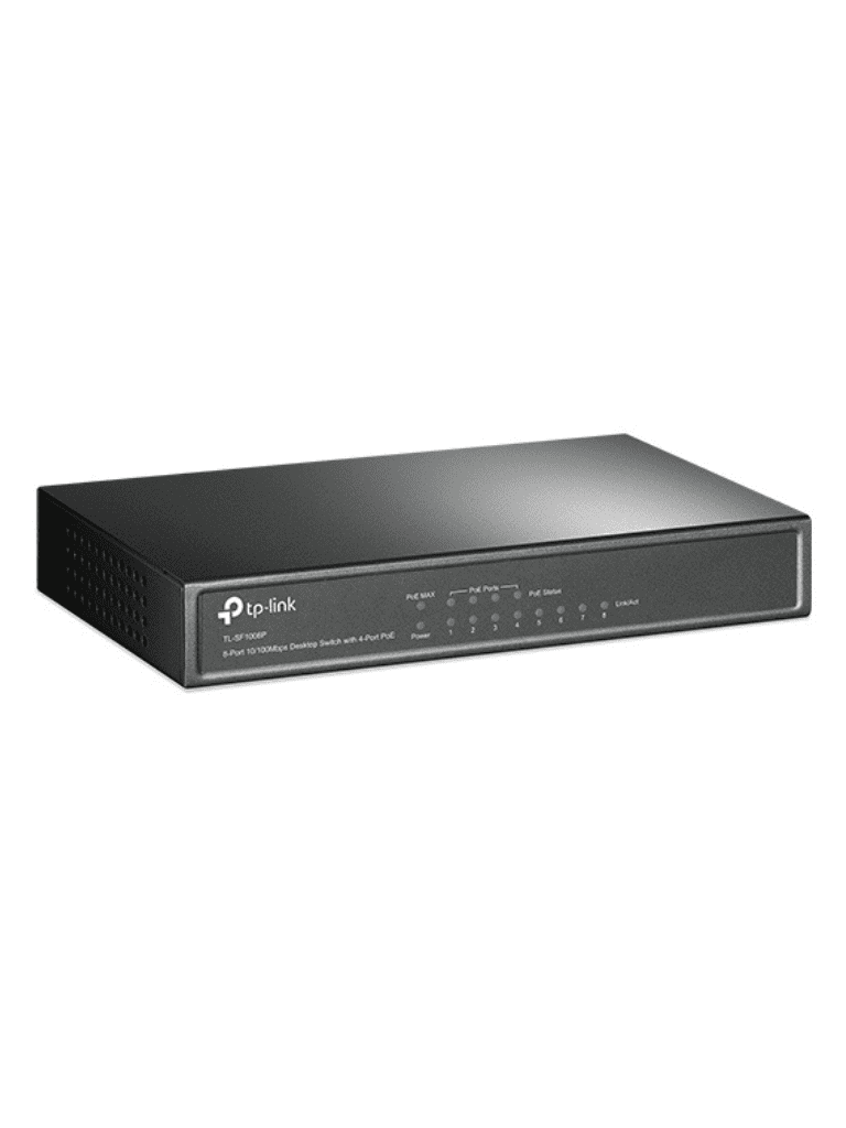 TP-LINK TL-SF1008P -Switch PoE no administrable con 8 puertos Fast Ethernet, que incluye 4 puertos PoE AF y AT. Ofrece un presupuesto PoE de hasta 66W y soporta modo extendido para conexiones de hasta 250m de longitud.