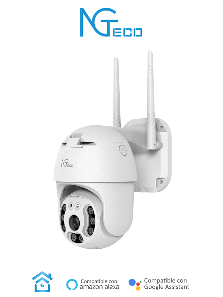 NGTECO NGC4200 - Cámara PTZ WiFi 3MP con lente de 3.6mm, altavoz y micrófono integrados. Audio bidireccional y alcance IR de 20m. Utiliza compresión de vídeo H.265. Compatible con almacenamiento local y en la nube. Funciona con Alexa — ZKTeco · SKU ZKT0060001