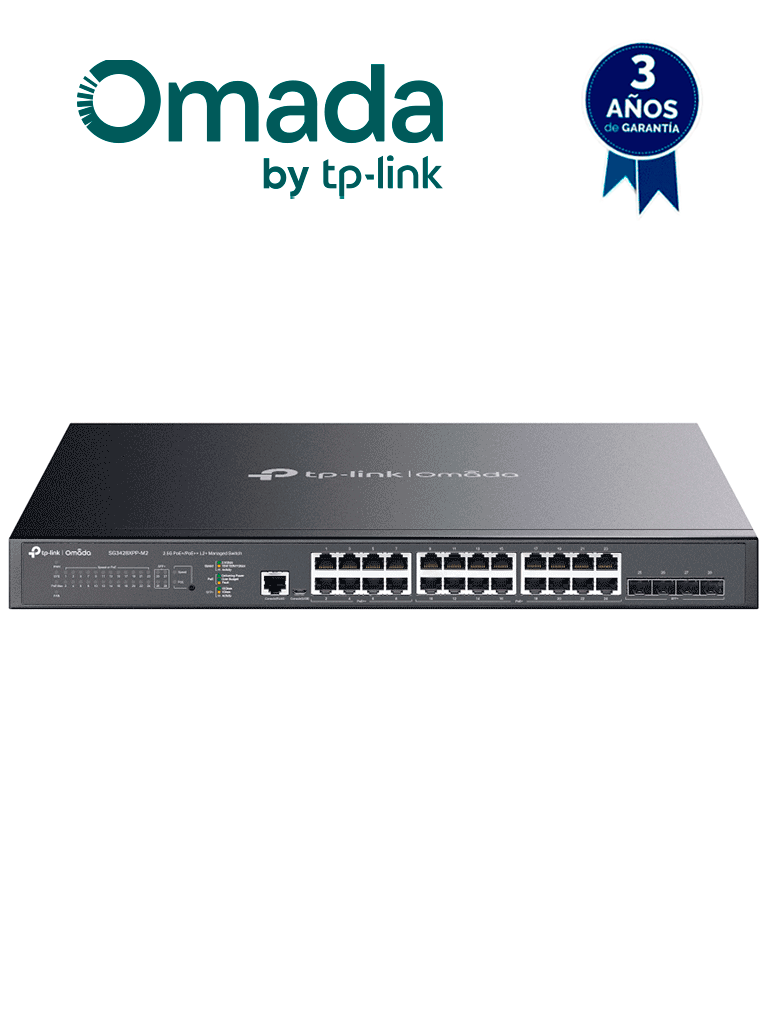 TP-LINK TL-SG3428XMP - Switch L2+ Omada PoE+ con 24 puertos PoE+ 10/100/1000 Mbps, 4 puertos SFP+ 10G y consola RJ45/microUSB, además gestión centralizada Omada/Stand-Alone, soporte Multicast IGMP, QoS y presupuesto PoE 384W, versión 3.0 — TP-Link · SKU TPL3720019