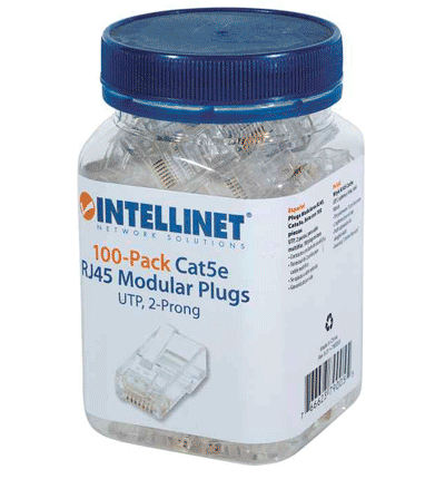 INTELLINET 790055 - Paquete de 100 conectores modulares Cat5e RJ45 / UTP, 2 pines, para cable trenzado, 100 clavijas en bote