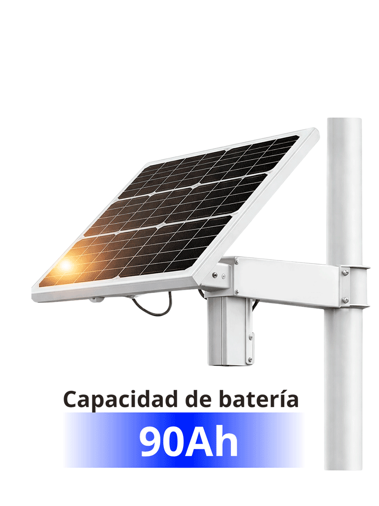 Sistema de energía solar inteligente All in-One CCTV / Panel solar de alta eficiencia grado A monocristalino 80 W / Batería litio 90 AH 12V/ Carga MPPT 3.0/ Autonomía estimada 1-3 Días nublados / Accesorios para poste o pared / No incluye cámaras