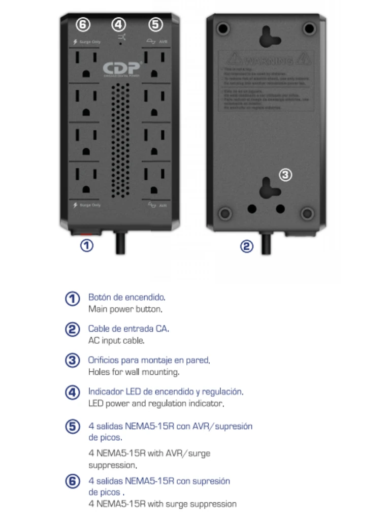 CDP RAVR1408 / Regulador de voltaje CDP de 1410VA/700W con 8 terminales de salida: 4 con AVR/Supresión y 4 con supresión de picos